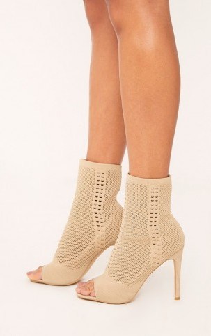 Pretty Little Thing DONNA NUDE KNITTED PEEP TOE SOCK BOOTS - flipped