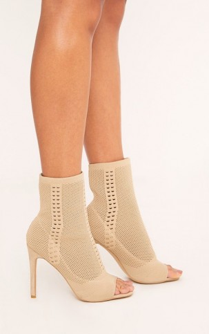 Pretty Little Thing DONNA NUDE KNITTED PEEP TOE SOCK BOOTS