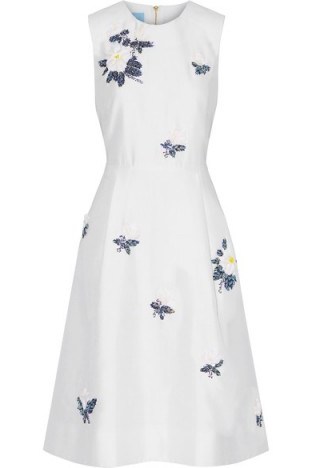 DRAPER JAMES Embellished silk and cotton-blend dress off white, as worn by Reese Witherspoon at the Net-a-Porter x Draper James launch in Beverly Hills, June 2017. Celebrity summer dresses | star style fashion | floral bead embellishments | sleeveless fit and flare - flipped