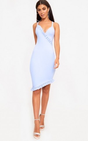 Pretty Little Thing DUSTY BLUE FRILL DETAIL MIDI DRESS, fitted evening dresses, going out bodycon dresses, uneven hemline - flipped