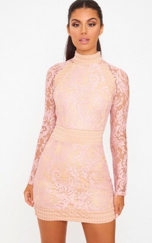 Pretty Little Thing DUSTY PINK LACE HIGH NECK BODYCON DRESS - flipped