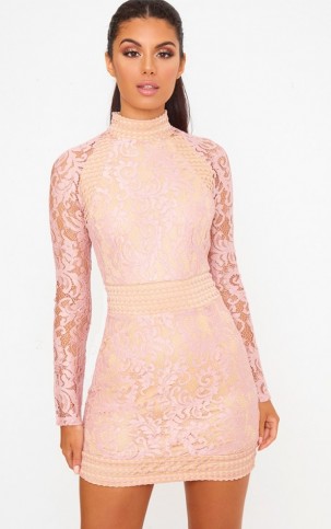 Pretty Little Thing DUSTY PINK LACE HIGH NECK BODYCON DRESS