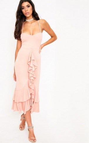 prettylittlething DUSTY PINK STRAPPY RUFFLE FRONT MIDI DRESS - flipped