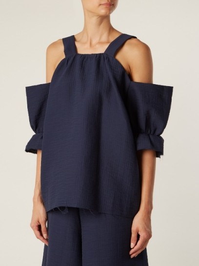 RACHEL COMEY Foster off-the-shoulder raw-edge top – navy blue cold shoulder tops - flipped