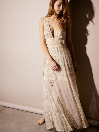 Carolyn’s Limited Edition White Dress at Free People | plunge front maxi dresses - flipped