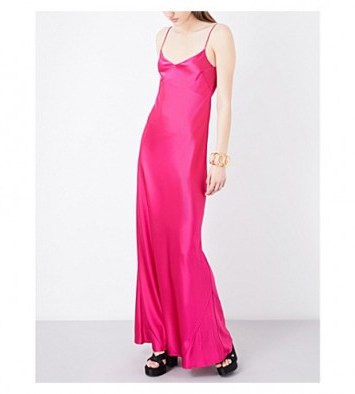 GALVAN Bias-cut satin slip maxi dress in fuschia. Long hot pink cami dresses | strappy occasion fashion | luxe evening clothing | thin strap gowns | spaghetti straps - flipped