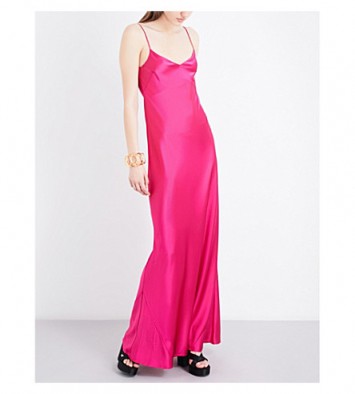 GALVAN Bias-cut satin slip maxi dress in fuschia. Long hot pink cami dresses | strappy occasion fashion | luxe evening clothing | thin strap gowns | spaghetti straps