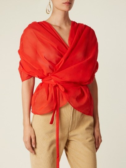 A.W.A.K.E. Gathered organza wraparound top | red wrap tops | oriental style fashion - flipped