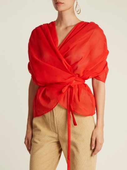 A.W.A.K.E. Gathered organza wraparound top | red wrap tops | oriental style fashion