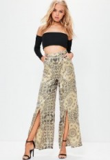 Missguided gold paisley split front wide leg pants ~ glamorous printed pants