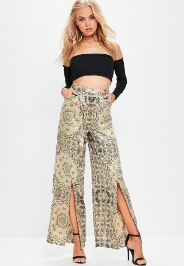 Missguided gold paisley split front wide leg pants ~ glamorous printed pants - flipped