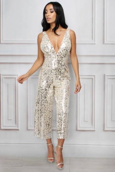 Limited Edition Gold Plunge Sequin Jumpsuit – glamorous sequinned jumpsuits - flipped