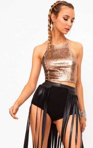 Pretty Little Thing GOLD SEQUIN BACKLESS CROP TOP, sequinned fitted tops, cropped fashion