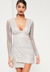Missguided grey geometric v plunge lace bodycon dress