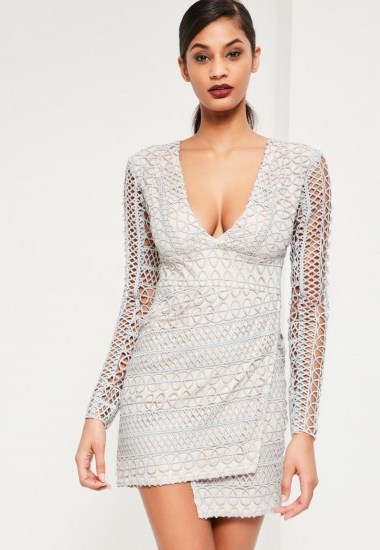 Missguided grey geometric v plunge lace bodycon dress - flipped