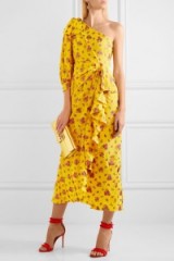 Katy Perry yellow and pink floral one-shoulder metallic silk-blend jacquard midi dress by GUCCI, appearing in Calvin Harris ‘Feels’ music video, June 2017. Celebrity dresses | star style fashion