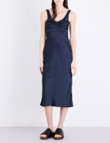 HELMUT LANG Ruched satin slip dress. Navy-blue silky dresses | designer fashion