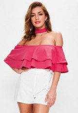 Missguided hot pink frill bardot choker neck bodysuit ~ frilly off the shoulder tops ~ ruffle fashion