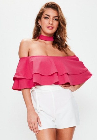 Missguided hot pink frill bardot choker neck bodysuit ~ frilly off the shoulder tops ~ ruffle fashion - flipped