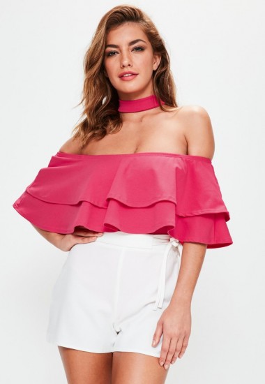 Missguided hot pink frill bardot choker neck bodysuit ~ frilly off the shoulder tops ~ ruffle fashion