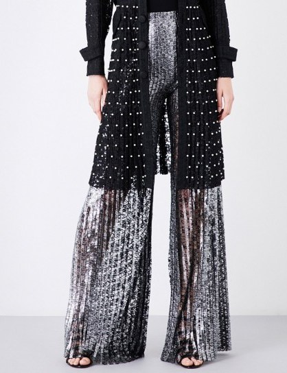 HUISHAN ZHANG Mariella flared pleated floral-lace trousers | luxe silver wide leg statement pants - flipped