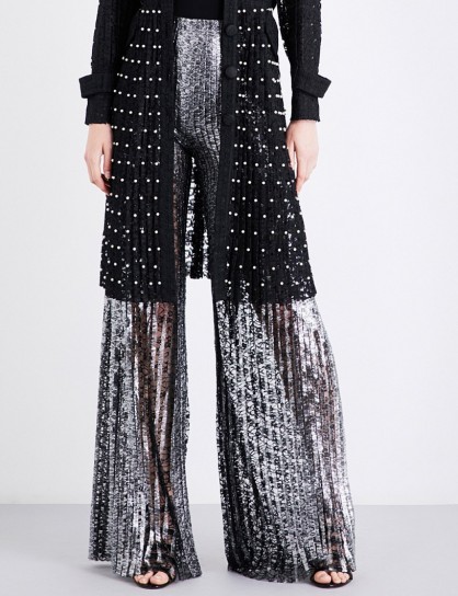 HUISHAN ZHANG Mariella flared pleated floral-lace trousers | luxe silver wide leg statement pants