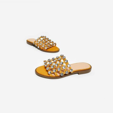 EGO Ice Diamante Studded Slider In Yellow Faux Suede | designer look summer slides - flipped