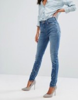 J Brand Maria High Rise Skinny Jean with Paint Splash Detail | anarchy blue denim jeans