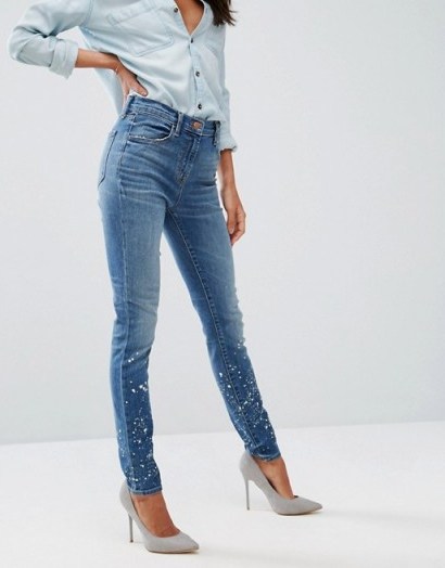 J Brand Maria High Rise Skinny Jean with Paint Splash Detail | anarchy blue denim jeans - flipped