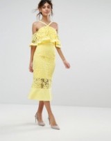 Jarlo Frill Layer Cold Shoulder Lace Midi Dress – yellow party dresses – summer occasion fashion