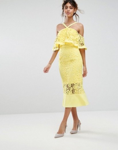 Jarlo Frill Layer Cold Shoulder Lace Midi Dress – yellow party dresses – summer occasion fashion - flipped