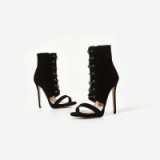 EGO Jaxson Lace Up Heel In Black Faux Suede | peep toe stiletto heeled booties