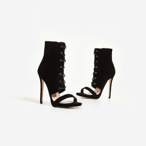 EGO Jaxson Lace Up Heel In Black Faux Suede | peep toe stiletto heeled booties - flipped