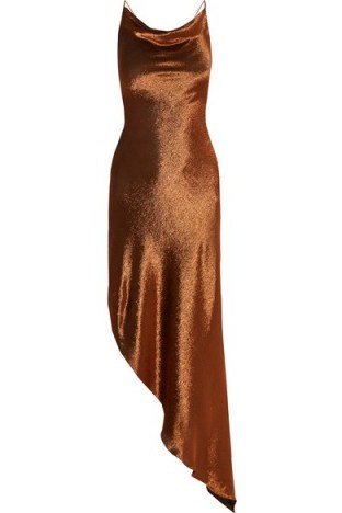 Kylie Jenner copper asymmetric metallic stretch silk-blend maxi dress by Juan Carlos Obando, at The Nice Guy restaurant in West Hollywood, 16 June 2017. Celebrity evening dresses | star style fashion - flipped