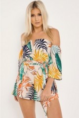 in the style KAMIE NUDE PALM PRINT BARDOT PLAYSUIT – off the shoulder playsuits – summer fashion