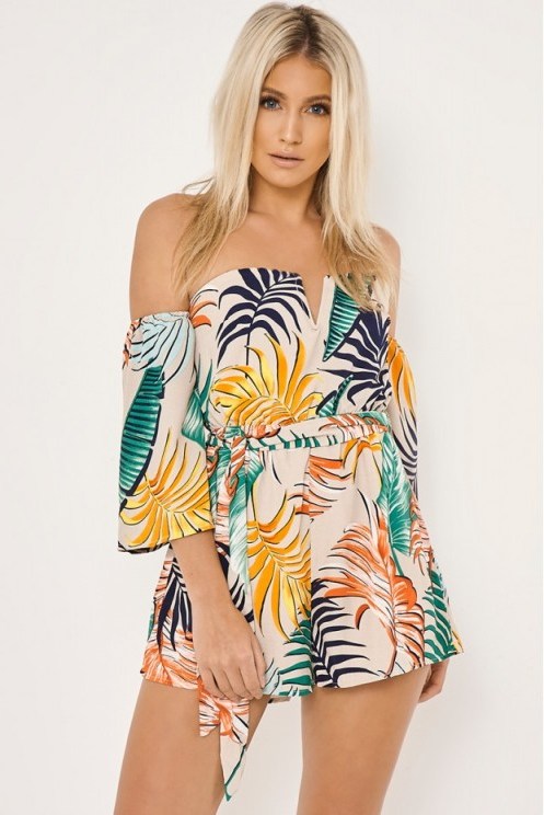 in the style KAMIE NUDE PALM PRINT BARDOT PLAYSUIT – off the shoulder playsuits – summer fashion - flipped