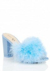 Katy Perry Powder Bon Bon Mules by Katy Perry Collections, worn for an Instagram post, during her Witness World Wide live stream on YouTube, 8-12 June 2017. Celebrity fashion | star style shoes | fluffy blue high heels