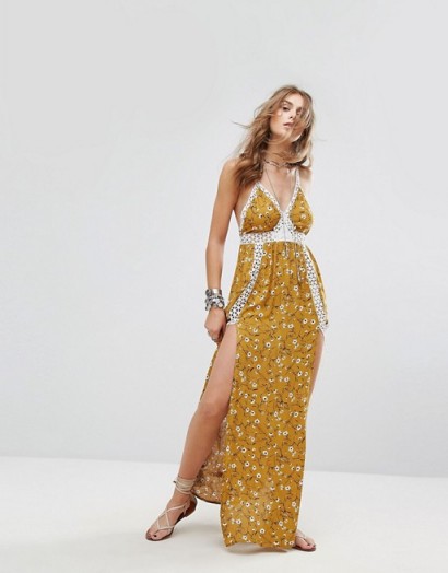Kiss The Sky Cami Maxi Dress With Lace Ladder Inserts In Vintage Floral | long plunge front boho dresses