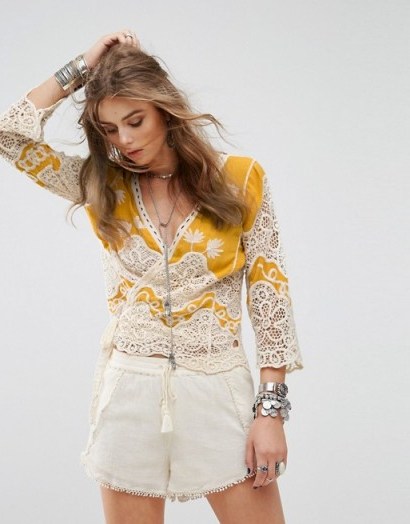 Kiss The Sky Festival Wrap Front Top With Embroidery And Crochet Inserts | yellow boho tops - flipped
