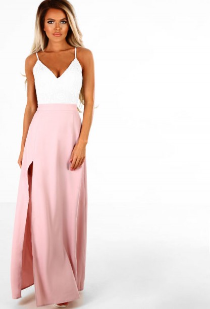 Pink Boutique Lasting Lust Pink Crochet Side Split Maxi Dress | long plunge front dresses