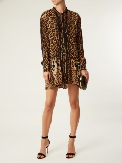 SAINT LAURENT Lavalliere leopard-print tie-neck silk dress ~ chic animal printed dresses - flipped