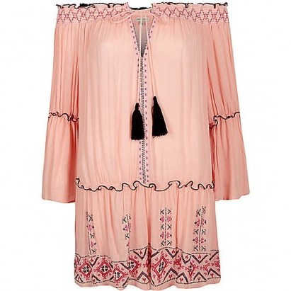 River Island Light pink embroidered bardot beach dress ~ holiday/vacation dresses - flipped