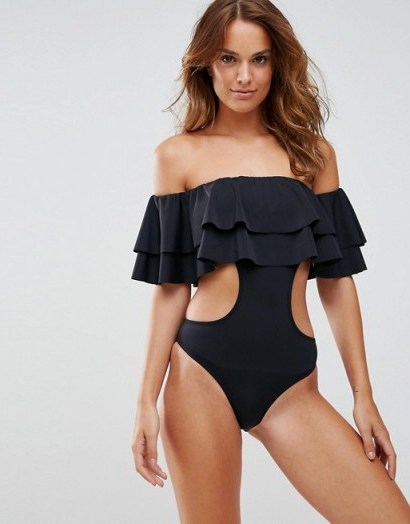 Lipsy Cut Out Swimsuit With Ruffles – black off the shoulder swimsuits – summer swimwear - flipped