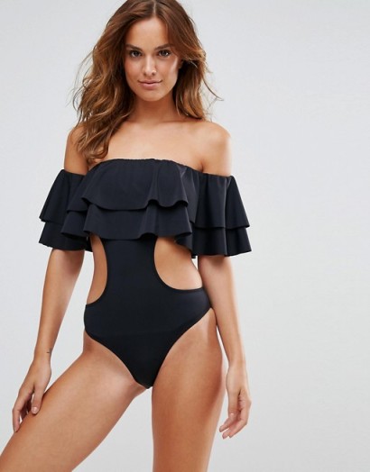 Lipsy Cut Out Swimsuit With Ruffles – black off the shoulder swimsuits – summer swimwear