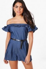 boohoo Lola Off The Shoulder Frill Chambray Playsuit