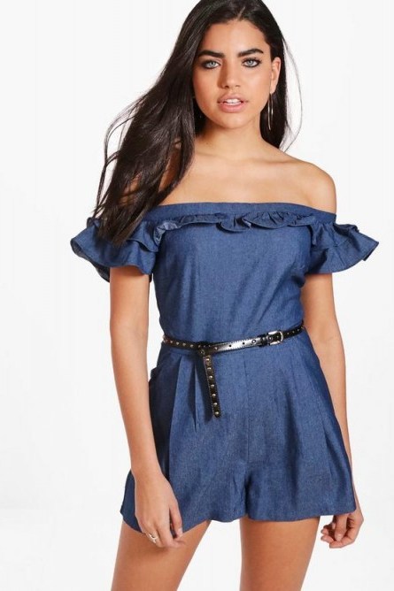 boohoo Lola Off The Shoulder Frill Chambray Playsuit - flipped