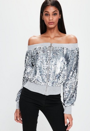 londunn + missguided silver sequin bardot jacket ~ glam off the shoulder jackets ~ glamour & glitz ~ celebrity fashion collaboration - flipped