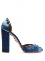 AQUAZZURA Lou Lou embellished block-heel velvet pumps ~ stunning blue statement shoes