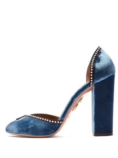 AQUAZZURA Lou Lou embellished block-heel velvet pumps ~ stunning blue statement shoes - flipped
