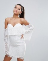 Love Triangle All over Lace Off Shoulder Pencil Dress With Fluted Sleeve Detail